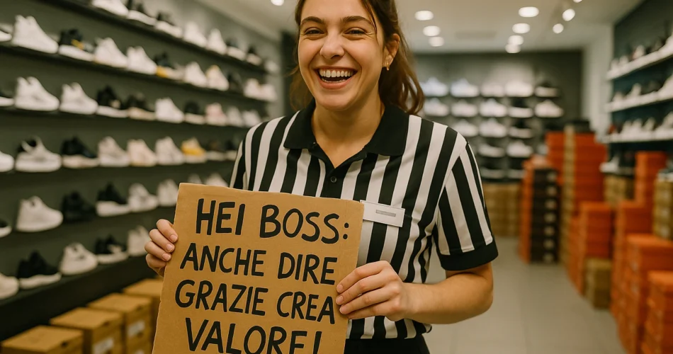 Ragazza che mostra un cartello al suo capo: "Hei boss: anche dire grazie crea valore!"